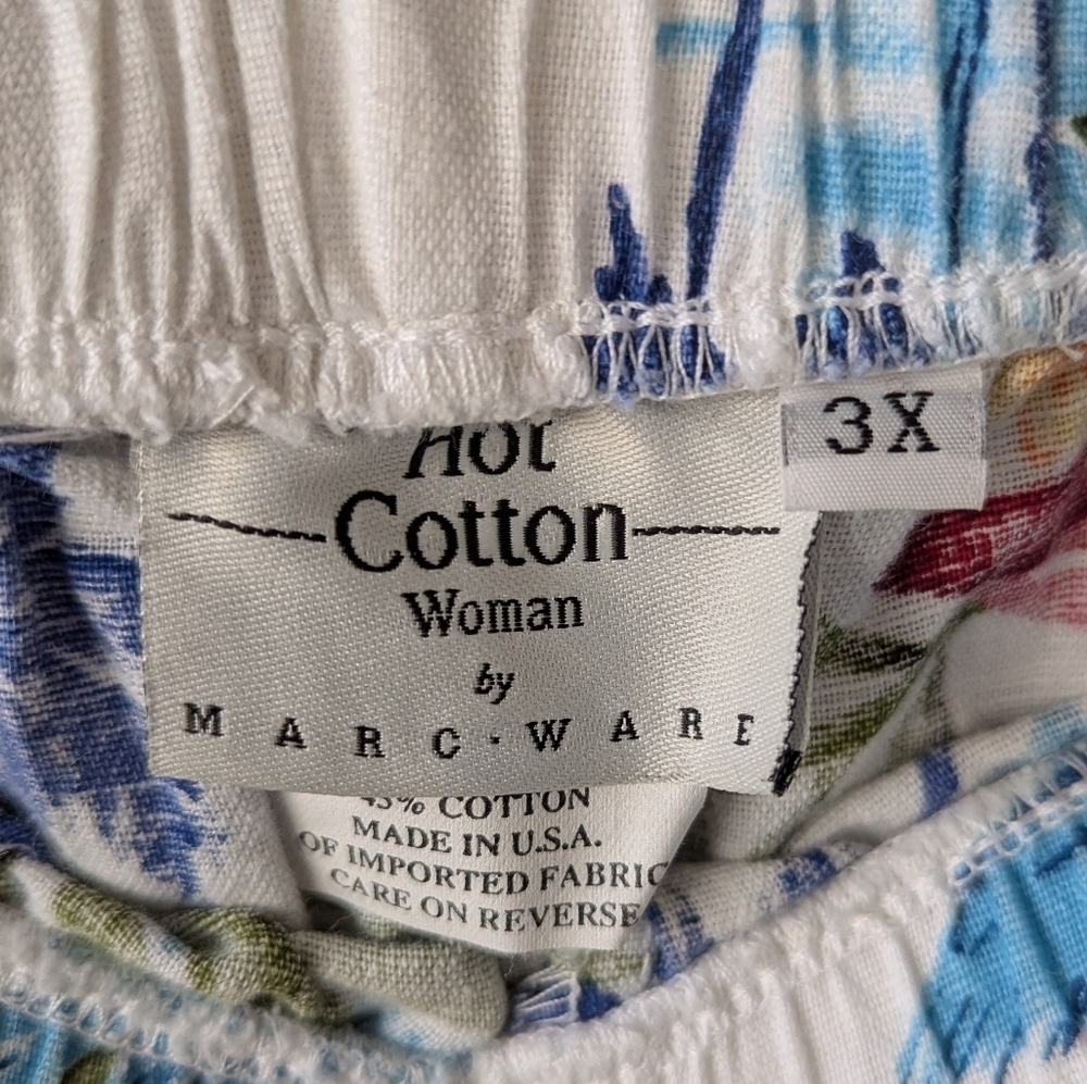 Hot Cotton Woman Linen Crop Wide Leg Pants White Allover Floral Size 3X - Picture 3 of 6